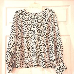 NINE West, Large, Women's Animal Print  Long Sleeve Blouse, Black, Cream,Gold